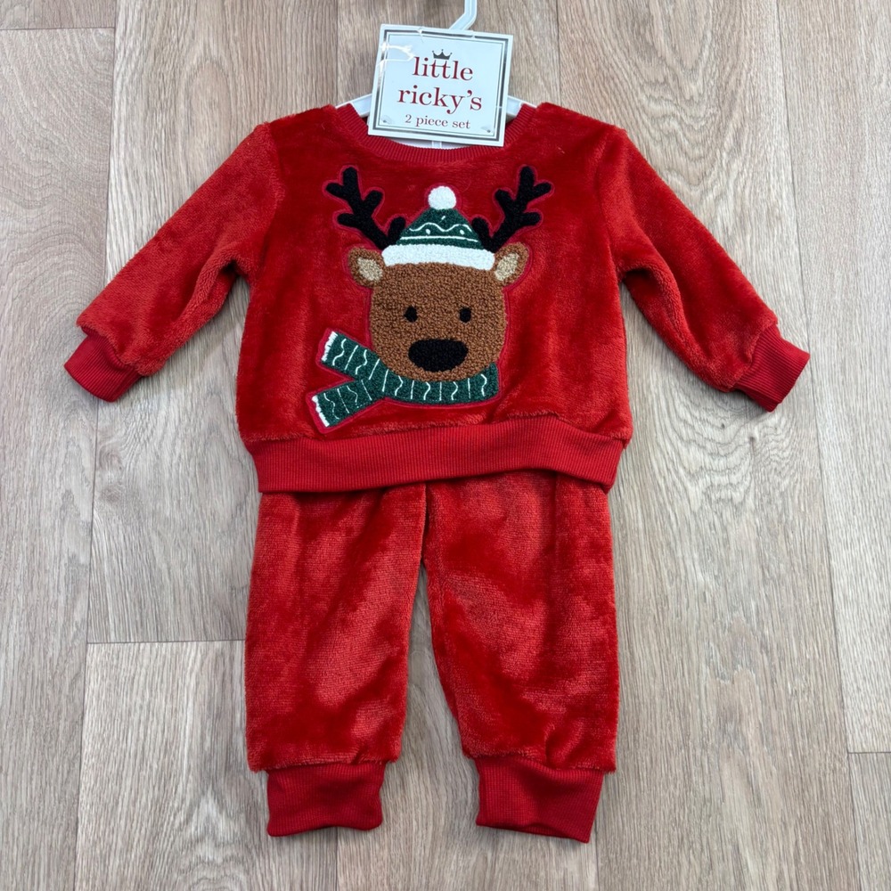 Little Ricky's 12M Red Fleece Reindeer 2 Piece Holiday Set Sweatshirt Joggers